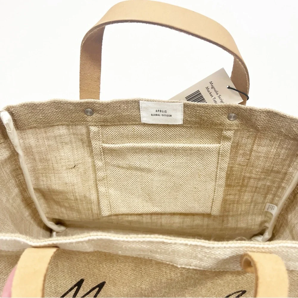 NWT Magnolia Waco Script Burlap and Leather Market Tote by Joanna Gaines - Picture 4 of 5